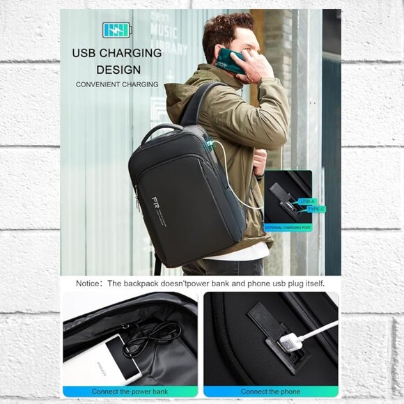 NWT! Fenruien Expandable Waterproof Laptop Backpack w/USB Cord & Luggage Strap - Picture 2 of 15